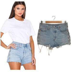 Levis Shorts Womens 29 501 Dibs High Rise Cut Off Logo Stripe Light Wash Blue